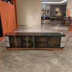 Curved Dark Glossy TV Stand with Cream Quilted Leather Sides and Burl Wood Panels